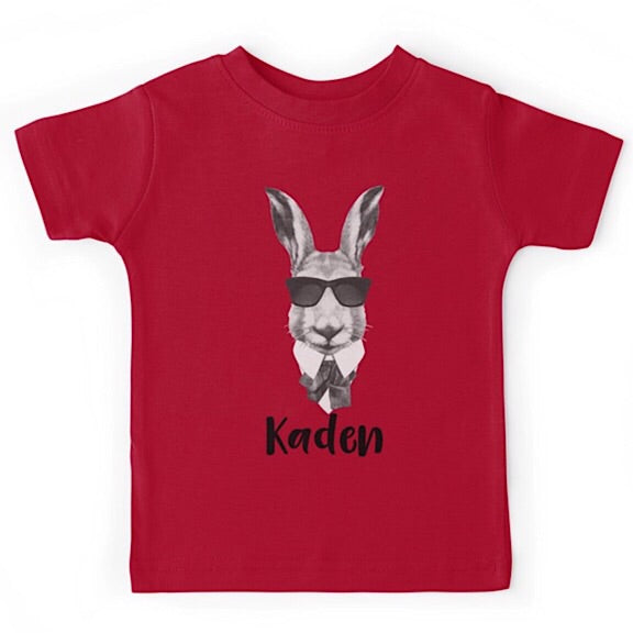 Red short sleeved tshirt with a bunny head earring sunglasses, personalised with a name