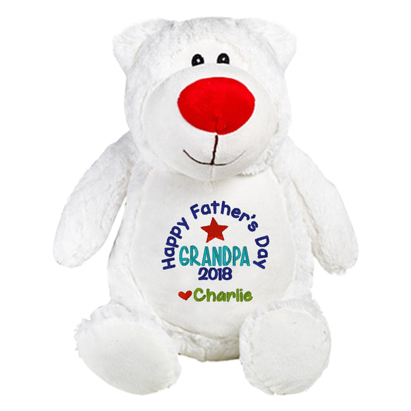 White Shaggy Teddy Bear Plushie with bright red nose and white belly embroidered with Happy Father's Day Grandpa personalised with the names of the grandchildren