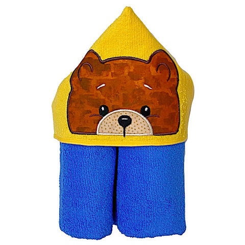Blue and yellow hooded towel or beach towel or bath towel  with an appliqué of a bear on the hood, ready to be personalised with a name.