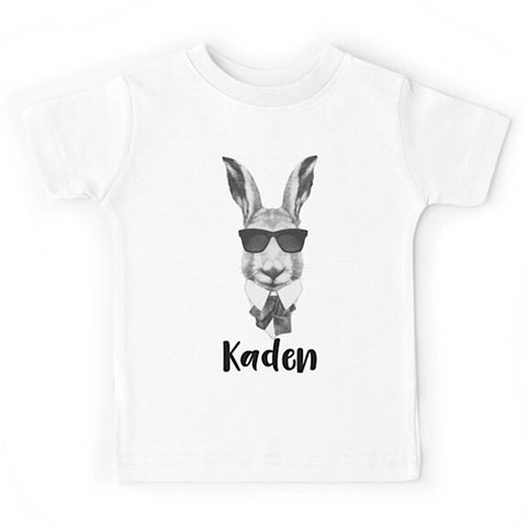 White short sleeved tshirt with a bunny head earring sunglasses, personalised with a name