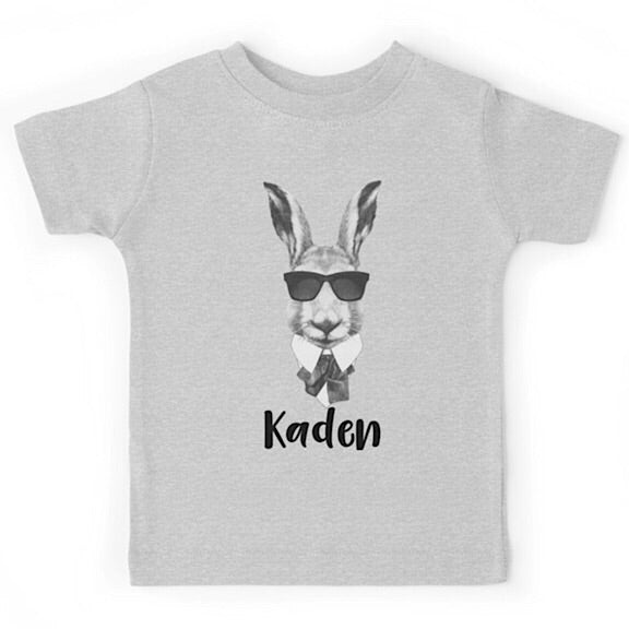Grey short sleeved tshirt with a bunny head earring sunglasses, personalised with a name