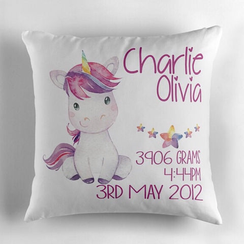 Rainbow Unicorn Birth Announcement Cushion