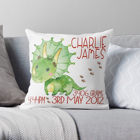 Triceratops Birth Announcement Cushion