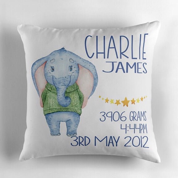 Boy Elephant Birth Announcement Cushion