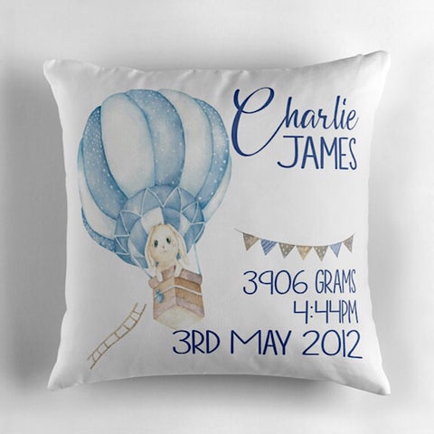 Bunny in Hot Air Balloon Birth Announcement Cushion