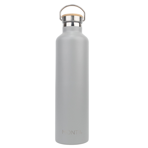 Montiico Mega Drink Bottle in the colour chrome silver grey with a bamboo screw top lid