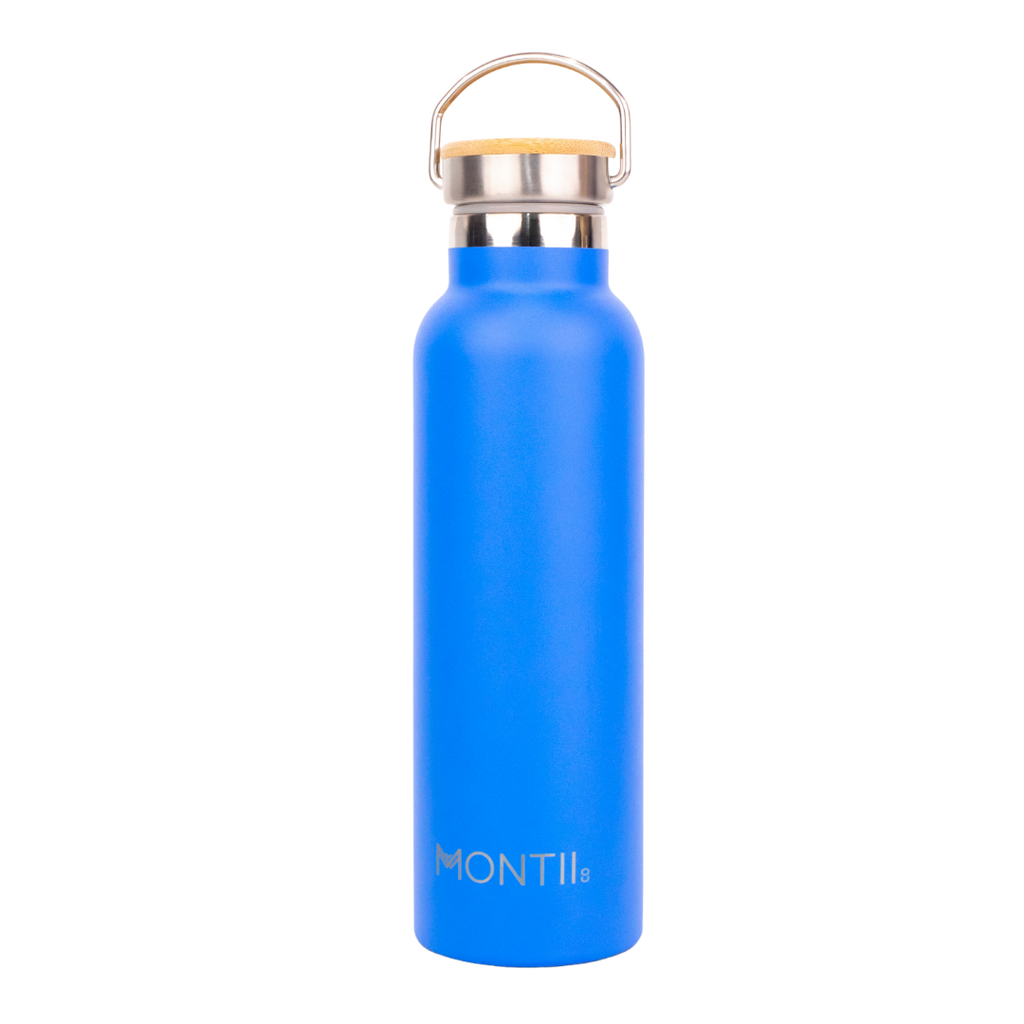 Montiico Original Drink Bottle in the colour blueberry blue with bamboo screw top lid