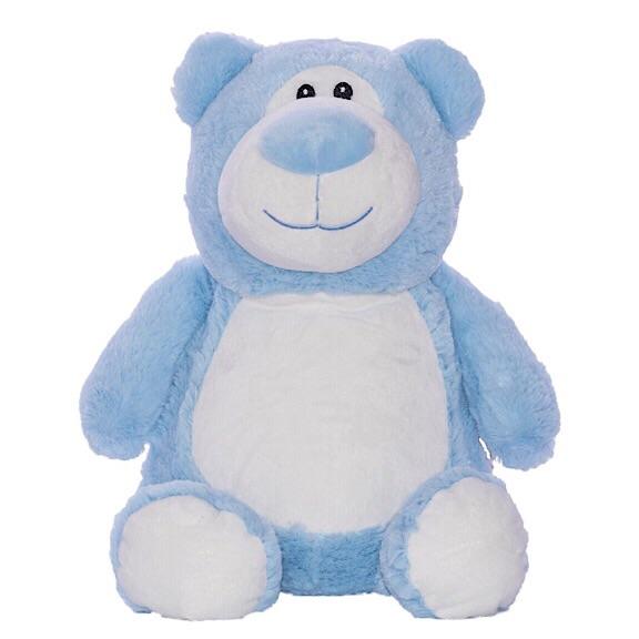 Blue bear plushie teddy with embroidered personalised you rock my world  message
