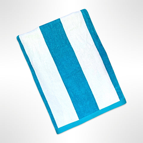 Personalised beach towel that is wide aqua blue and white stripe.