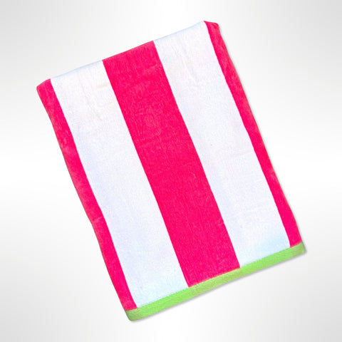 Personalised Watermelon Pink Stripe beach towel with wide stripes of alternating watermelon pink and white. The towel is edged in lime green.