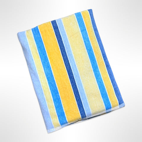 Large personalised beach towel with stripes in various shades of blue and yellow.