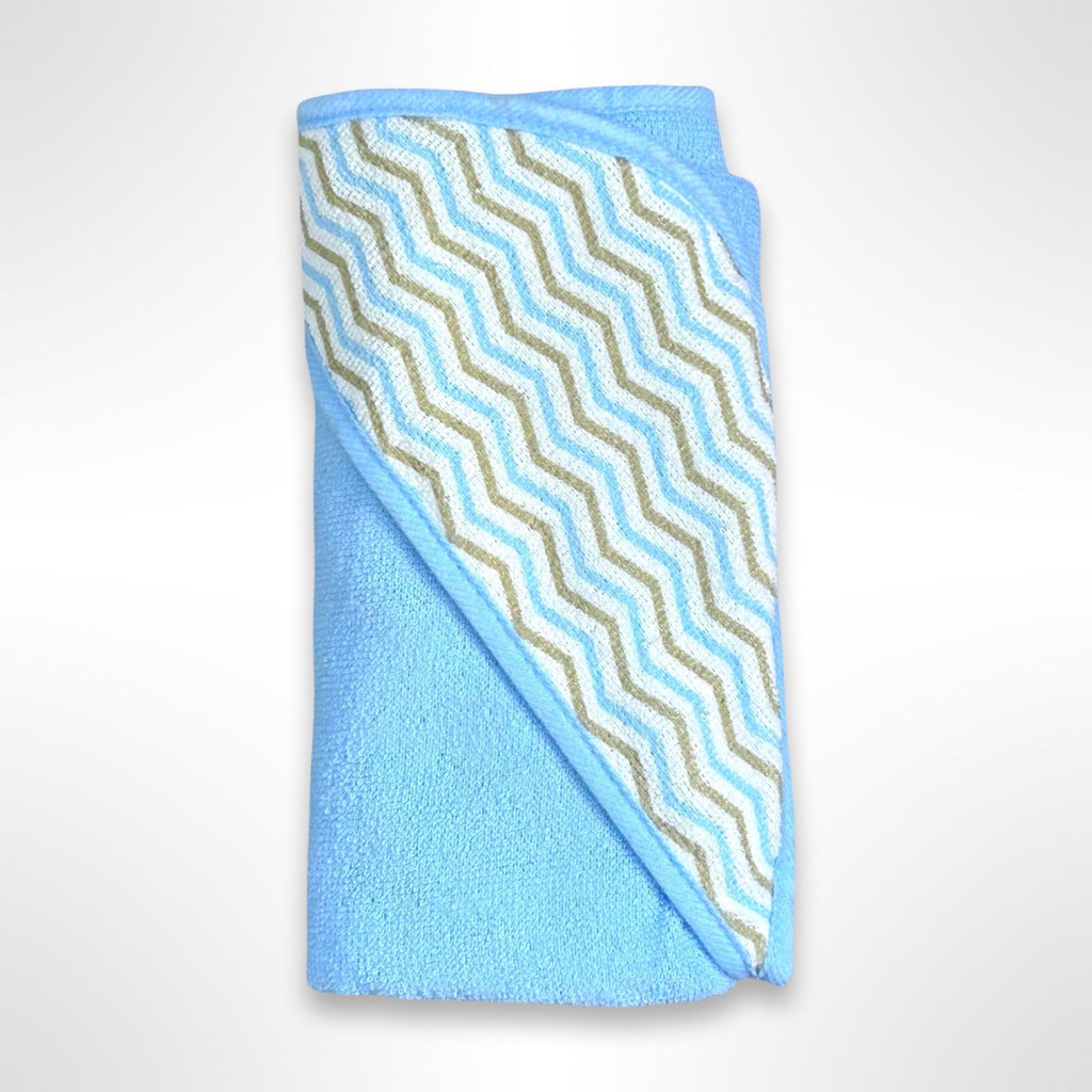Blue personalised baby hooded towel with a white hood with a blue and taupe zig zag pattern.