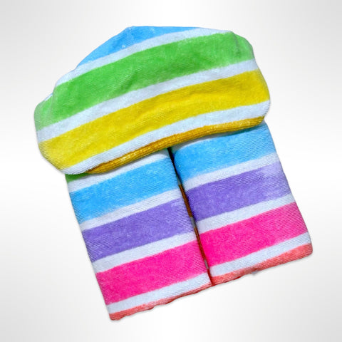 Personalised children's hooded beach towel that has bright stripes of pink, blue, yellow, green ahd purple.