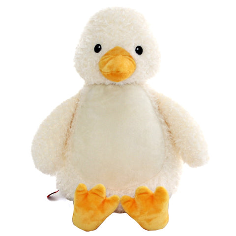 Cream coloured duck plushie teddy with orange beak and orange feet that has cream coloured belly that is ready for personalisation.