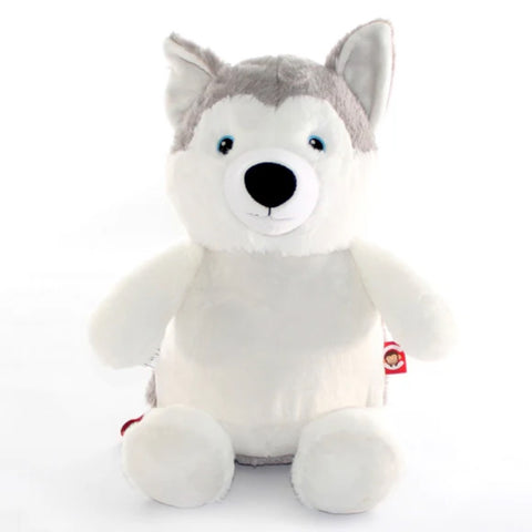 Grey and white husky plushie with white belly ready to be personalised.
