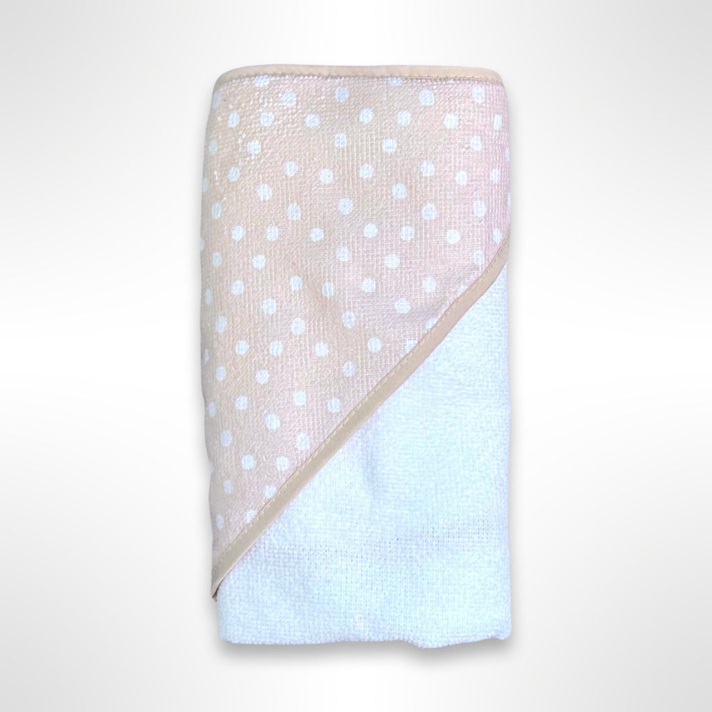 White personalised baby hooded towel with the hood in coffee and white coloured spots.