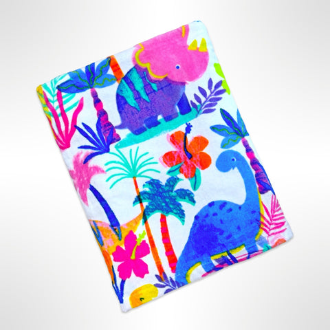 Personalised childrens beach towel with bright and colourful dinosaurs in a jungle setting.