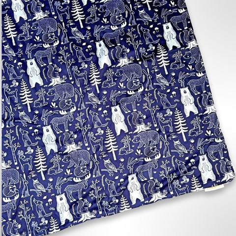 Double layer minky fleece blanket with forest animals on a navy blue background ready to be personalised with an embroidered name