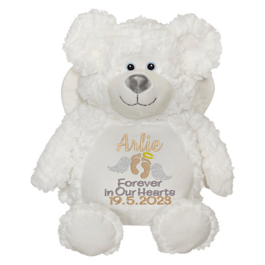 White angel bear teddy plushie with silver nose with angel wings on the back. Personalised with an embroidered message.