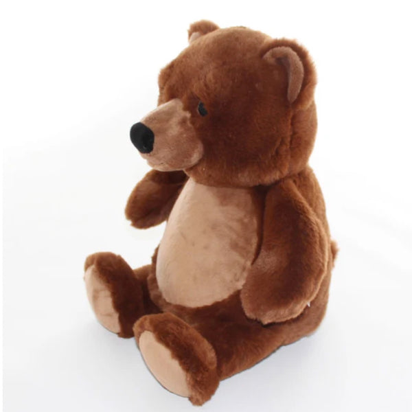 Side view of a dark brown grizzly bear plushie with light coloured belly ready for personalisation.