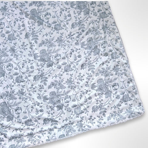 Double layer minky fleece blanket with a grey floral pattern ready to be personalised with an embroidered name