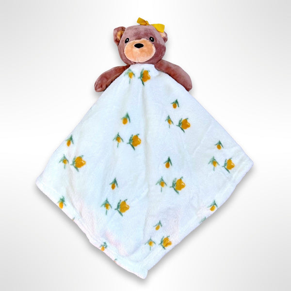 Baby blankie with brown bear head in centre in white minky fabric with yellow and green flowers ready to be personalised