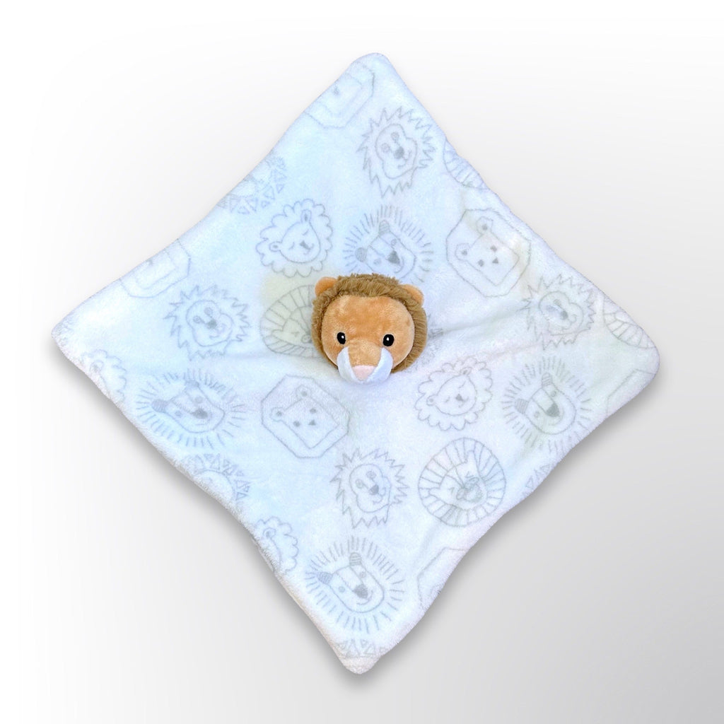 Baby blankie with brown lion head in centre of white minky fabric with cartoon lion heads ready to be personalised