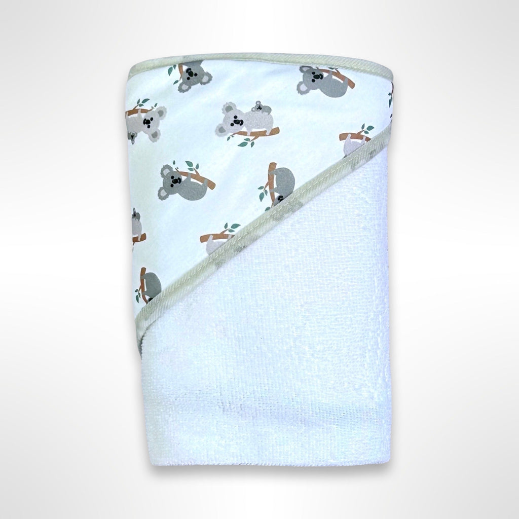 White personalised baby hooded towel with a white hood with grey koalas on tree branches.