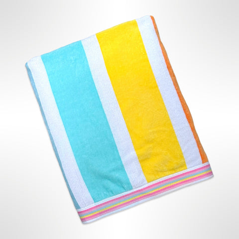 Large personalised beach towel that has stripes in varying shades of aqua, yellow, pink, blue and white.