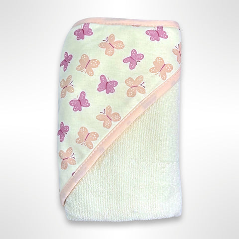 Cream coloured personalised baby hooded towel with the hood covered in Lilac and peach coloured butterflies.