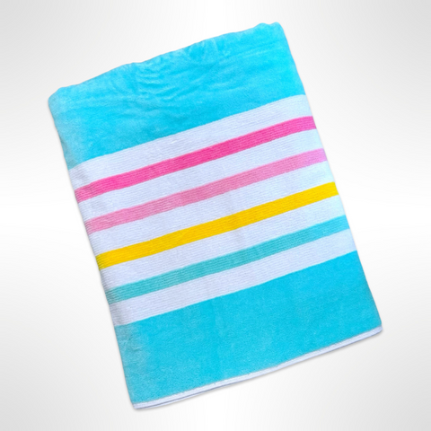 Large personalised beach towel that has stripes in varying shades of turquoise, pink, yellow and white.