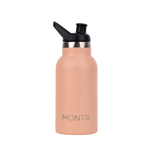 Montiico Mini Drink Bottle in the colour dawn peach with a sipper lid.