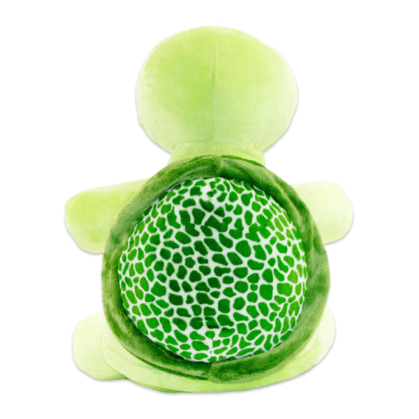 Back view of a green turtle plushie with a blank belly ready to be embroidered.