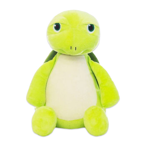 Green turtle plushie with a blank belly ready to be embroidered.