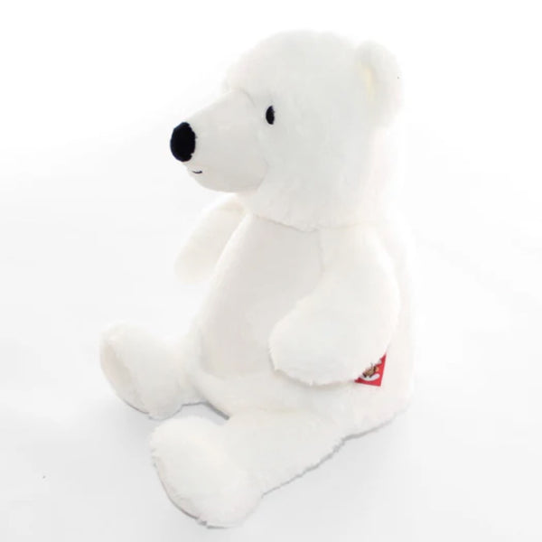 Side view of a white polar bear plushie with white belly ready to be personalised.