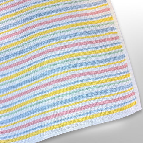 Knit blanket with pink, blue and yellow stripes alternating with white stripes, ready to be personalised with a name using embroidery.