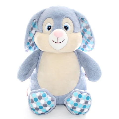 Dusty blue coloured bunny plushie teddy with long dusty blue ears and spotty accent fabric in the ears and on the feet pads that has a lighter cream coloured belly that is ready for personalisation.
