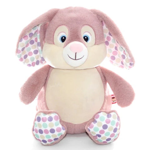 Dusty pink coloured bunny plushie teddy with long dusty pink ears and spotty accent fabric in the ears and on the feet pads that has a lighter cream coloured belly that is ready for personalisation.