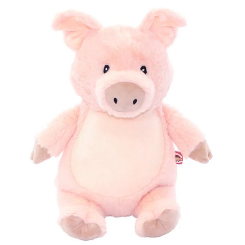 Pale Pink coloured pig plushie teddy with slightly darker pink trotters and snout that has a pale pink coloured belly that is ready for personalisation.