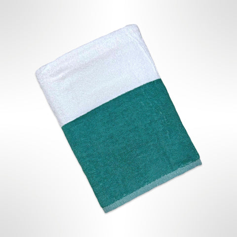 Beach towel with wide horizontal stripes in alternating dark green and white, ready to be personalised with a name.