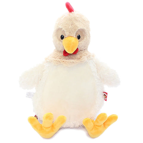 Cream coloured chicken rooster plushie teddy with yellow beak and yellow feet that has cream coloured belly that is ready for personalisation.