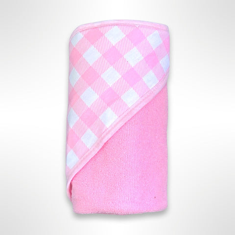 Pink personalised baby hooded towel - hood is a white and pink check pattern.