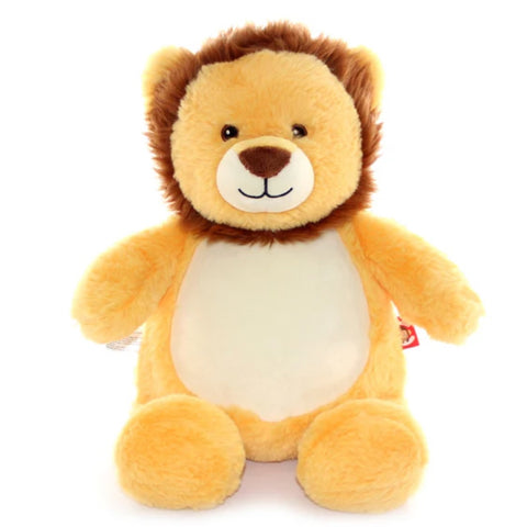 Light orange lion plushie with dark brown mane and pale coloured belly ready for embroidery.