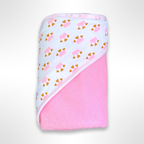 Pink personalised baby hooded towel - the hood is white with a pink and gold crown pattern.