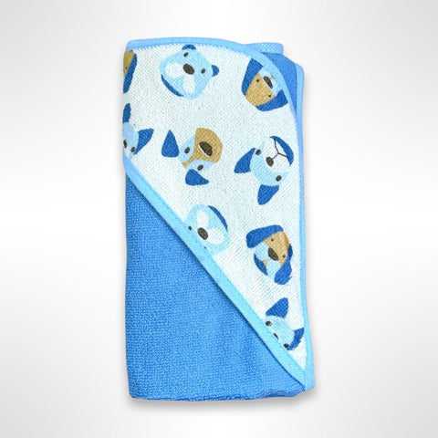 Blue personalised baby hooded towel with a white hood with multiple dog faces printed on it.