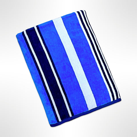 Large personalised beach towel with vertical stripes of blue and white.