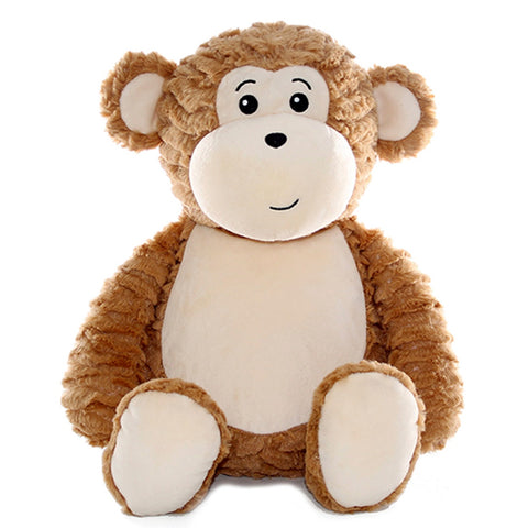 Light brown monkey plushie teddy with large ears and quizzical smile that has cream coloured ears and paws and also a cream coloured belly that is ready for personalisation.