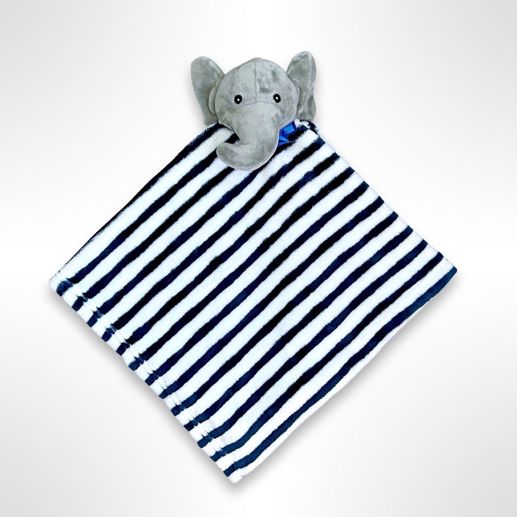 Baby blankie with grey elephant head in centre of blue and white stripe minky fabric ready to be personalised