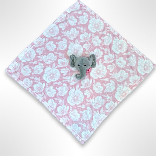 Baby blankie with grey elephant head in centre in pink and white floral minky fabric ready to be personalised