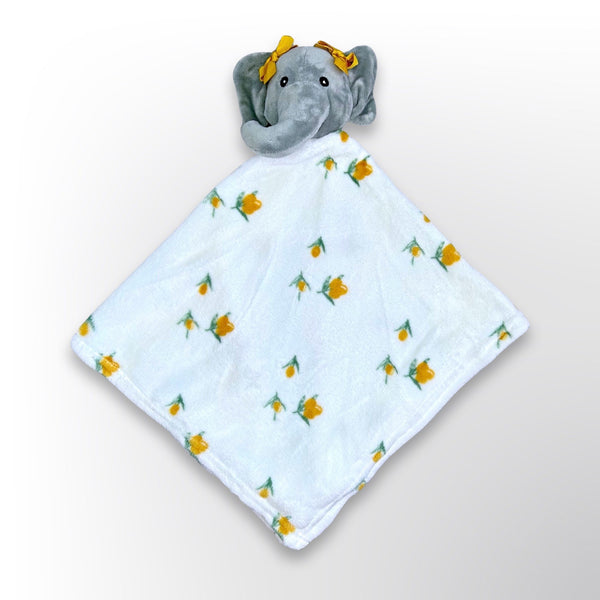 Baby blankie with grey elephant head in centre in white minky fabric with yellow and green flowers ready to be personalised